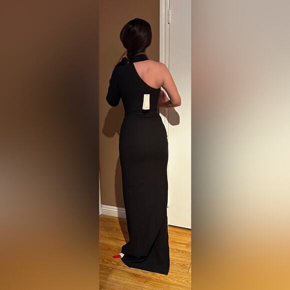 Cinq a Sept long black dress with neck strap. One shoulder with slit - Picture 2 of 5